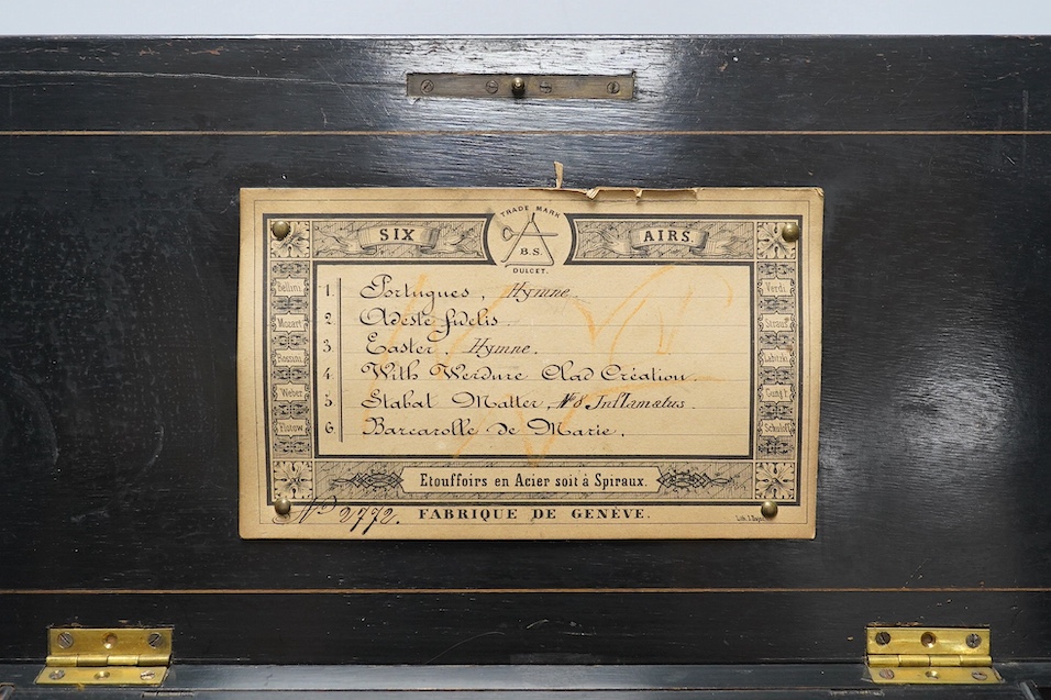 A 19th century Swiss six air music box, 43cm wide. Condition - poor but working